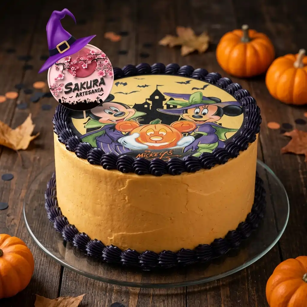 Torta Merengue y lamina Mickey y Minnie Halloween