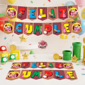 Mario Bros Princesa Banderín feliz Cumple