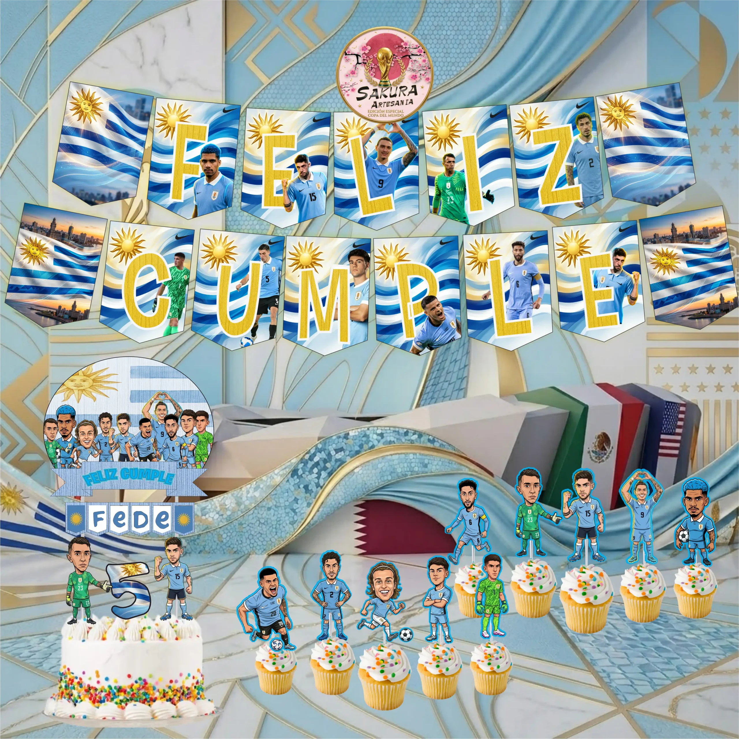 Pack Uruguay banderin+topper+cupcake topper